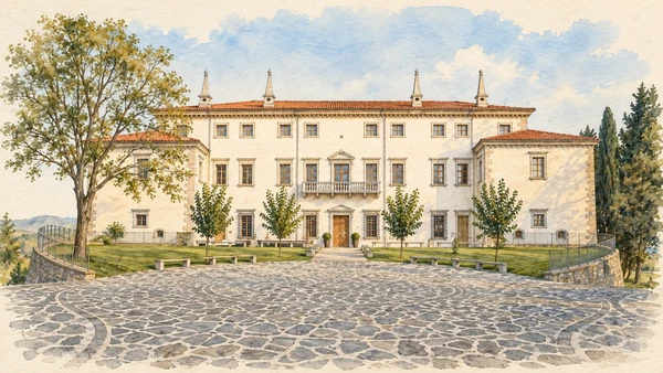 Watercolour: Vila Vipolže actual long pale facade with central balcony and paved approach