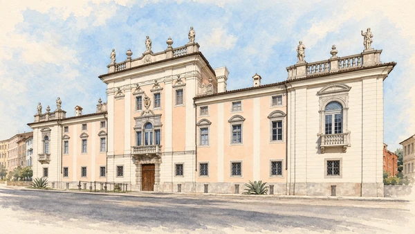 Watercolour: Palazzo Attems Petzenstein actual symmetrical pale facade with roof statues