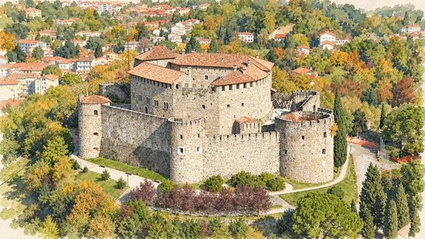 Watercolour: Gorizia castle actual stone enclosure and tiled central buildings above the town