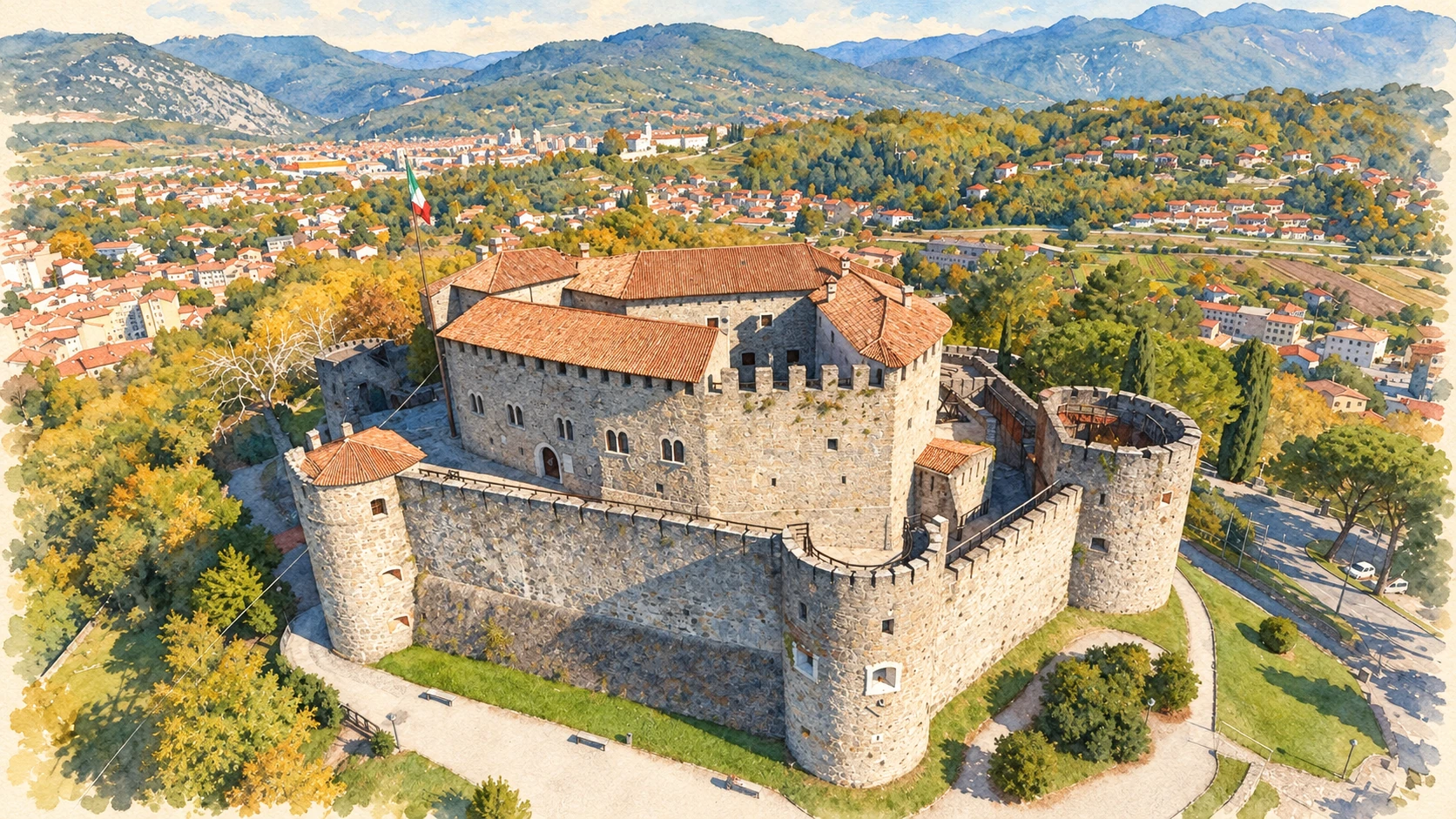 Watercolour: Gorizia & Nova Gorica establishing view