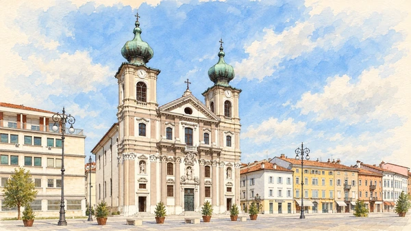 Watercolour: Sant Ignazio Gorizia actual pale facade and two green onion domes