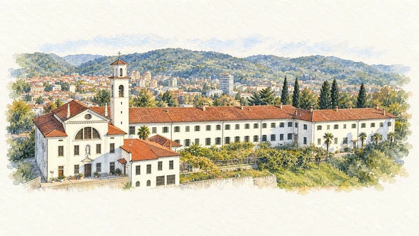 Watercolour: Kostanjevica Franciscan monastery actual hilltop church and monastery in Nova Gorica