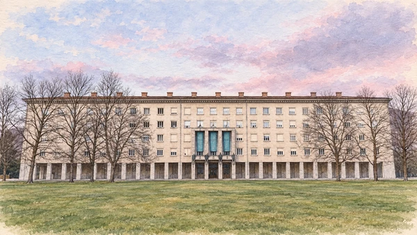 Watercolour: Nova Gorica municipal building actual stone facade and colonnade