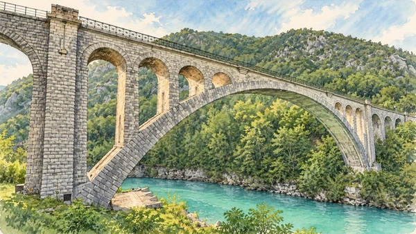 Watercolour: Solkan stone railway arch across the turquoise Soca between wooded slopes