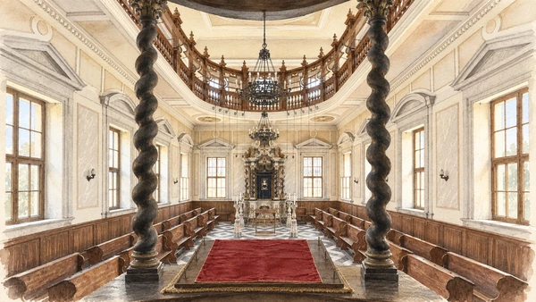 Watercolour: Gorizia synagogue actual interior twisted columns central reading platform and gallery