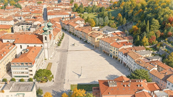 Watercolour: Piazza della Vittoria Gorizia elongated square beneath wooded castle hill