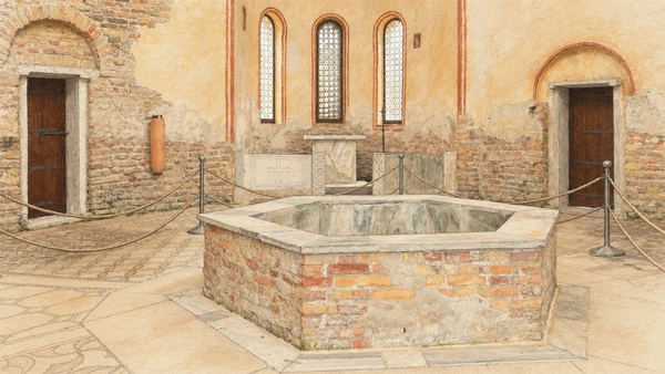 Watercolour: Grado baptistery interior with reconstructed hexagonal basin and tall narrow windows