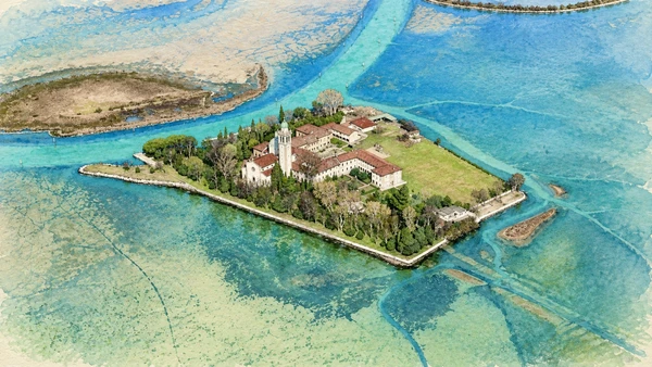 Watercolour: Barbana actual sanctuary island seen from above with church, trees, landing and lagoon