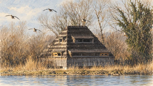 Watercolour: The stepped roof of the Marinetta observatory at Isola della Cona, with ducks in flight