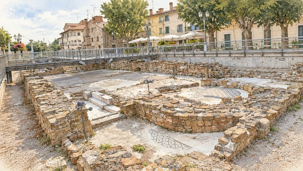 Watercolour: Basilica della Corte actual excavated low walls and mosaic areas below modern square level