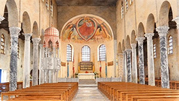 Watercolour: Sant’Eufemia actual nave with columns, raised pulpit and painted apse