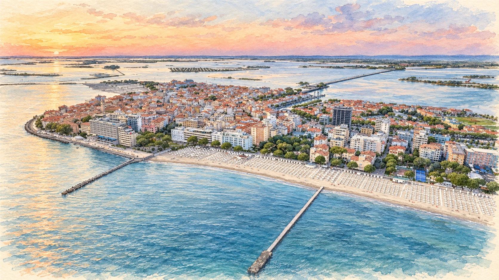 Watercolour: Grado & the Lagoon establishing view