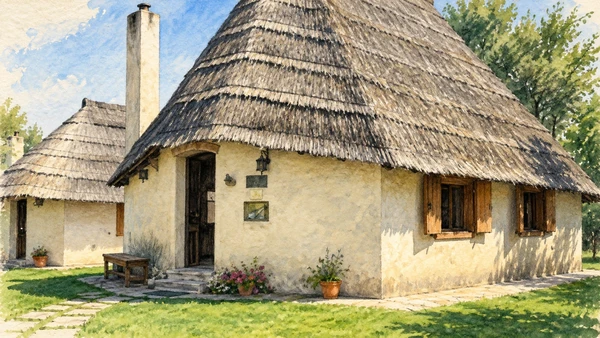Watercolour: A documented Grado casone with a steep reed roof, plaster walls and wooden shutters