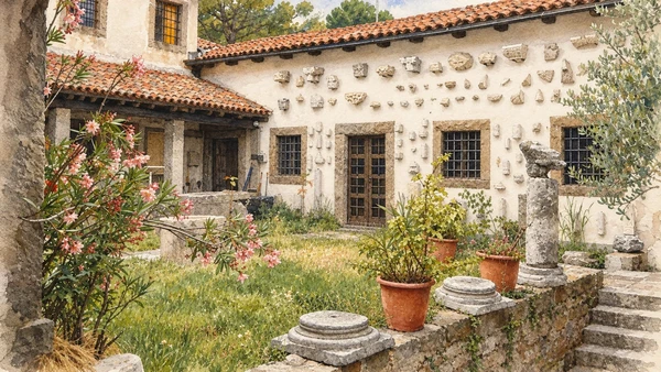Watercolour: Grado lapidary courtyard with carved stones fixed to walls and fragments at ground level