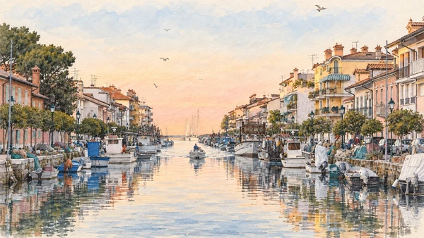 Watercolour: Grado actual harbour channel between waterfront buildings and moored boats