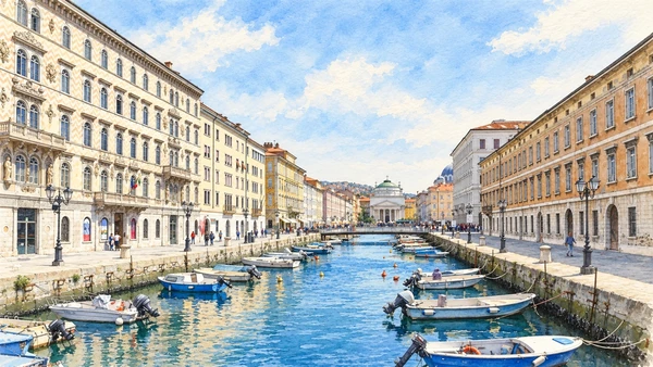 Watercolour: Trieste Canal Grande viewed along the real canal towards Sant’Antonio Nuovo, boats, bridges and straight palazzo fronts