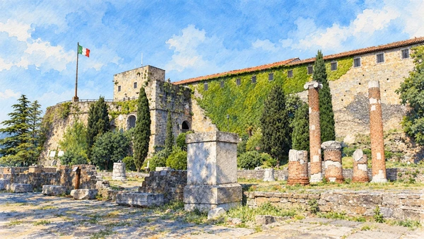 Watercolour: Trieste Castello di San Giusto actual stone ramparts above Roman remains, no invented towers