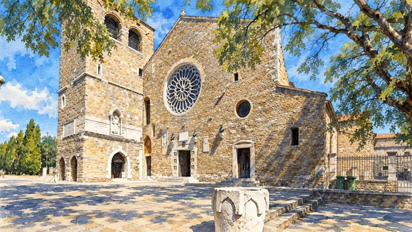 Watercolour: Trieste San Giusto cathedral real gabled stone facade with rose window and adjacent squat square bell tower