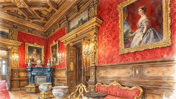 Watercolour: Miramare Castle actual red reception room, timber ceiling, portraits, fireplace and gilded furniture