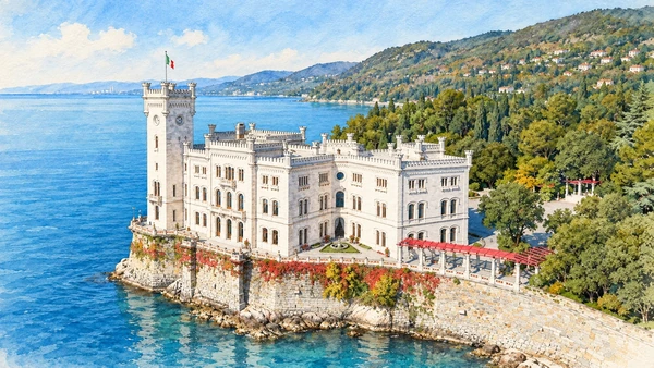 Watercolour: Miramare Castle white crenellated residence directly on the Adriatic shore with planted coastal park behind
