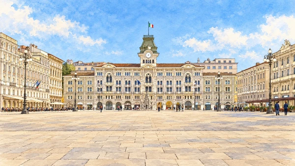 Watercolour: Piazza Unità d’Italia in Trieste, actual city hall and flanking monumental façades, broad paved square