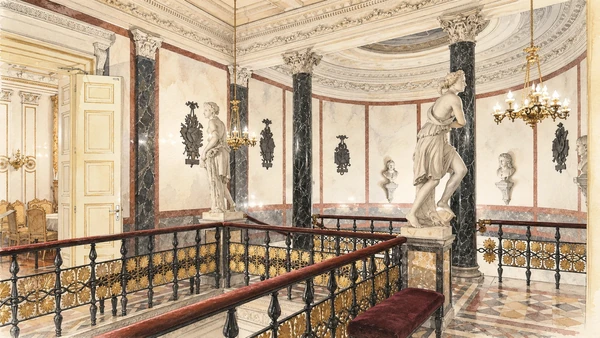 Watercolour: Museo Revoltella Trieste actual ornate interior stair landing with black railings marble columns and sculpture