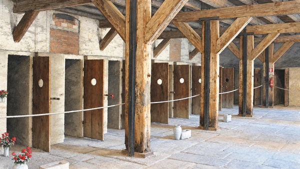 Watercolour: Risiera di San Sabba actual preserved row of detention cells with timber columns, sober documentary rendering without people or dramatic effects