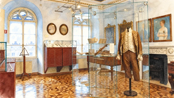 Watercolour: Museo Teatrale Carlo Schmidl Trieste actual historic museum room with musical instruments parquet and tall windows