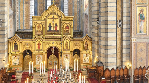 Watercolour: San Spiridione Trieste actual golden iconostasis beneath painted blue and gold vaults