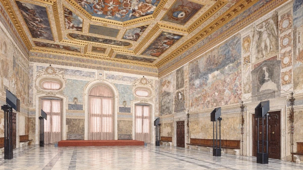 Watercolour: Salone del Parlamento in Udine castle with its decorated walls