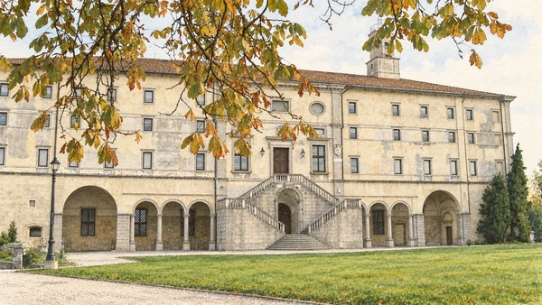 Watercolour: Udine actual castle long pale facade and central entrance on its hill