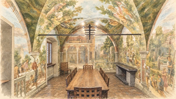 Watercolour: The frescoed dining room preserved in Casa Cavazzini, Udine