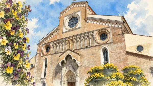 Watercolour: Udine cathedral authentic brick Gothic facade and massive low octagonal bell tower