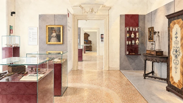 Watercolour: Udine Museo Etnografico del Friuli actual Palazzo Giacomelli exterior or documented collection room