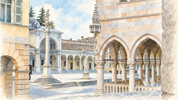 Watercolour: Udine actual Piazza Libertà civic ensemble with clock tower and loggias