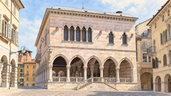 Watercolour: Udine Loggia del Lionello authentic pink and white stone Gothic arcade and upper window groups