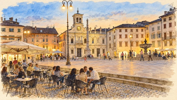 Watercolour: Udine actual Piazza Matteotti with arcaded historic buildings and open central square