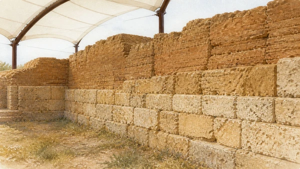 Documentary watercolour close view of Gela's Timoleontean fortification beneath its light protective canopy, showing pale stone courses below and weathered mudbrick above