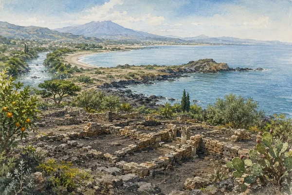 Giardini Naxos: Where Greek Sicily Began 2 Watercolour view of Capo Schiso, the archaeological park and the Bay of Naxos