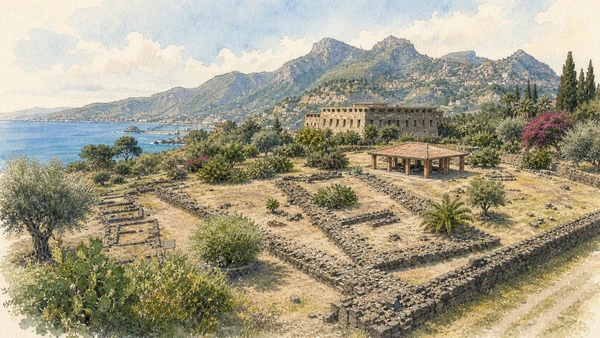 Documentary watercolour of the archaeological park of ancient Naxos on Capo Schisò, with lava-stone walls, the museum, the Ionian bay and the heights of Taormina beyond
