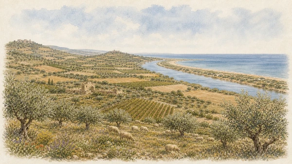 Documentary watercolour of the working Belìce valley descending through olive groves, vineyards and pasture to the river mouth and dunes