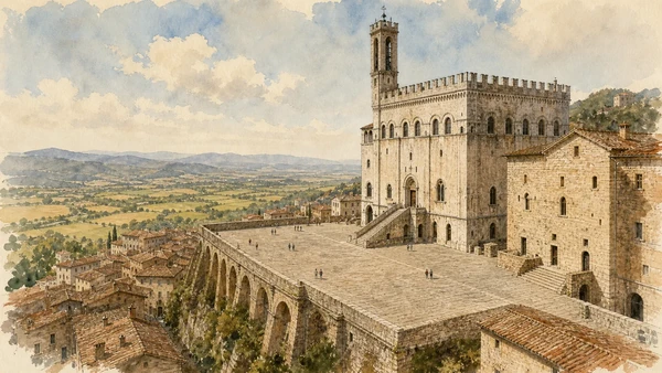 Gubbio: Medieval Stone and the City of the Ceri 5 Original documentary watercolour of Piazza Grande as a suspended terrace above Gubbio and the Umbrian valley