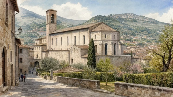 Gubbio: Medieval Stone and the City of the Ceri 4 Original documentary watercolour of the Church of San Francesco within the lower streets of Gubbio