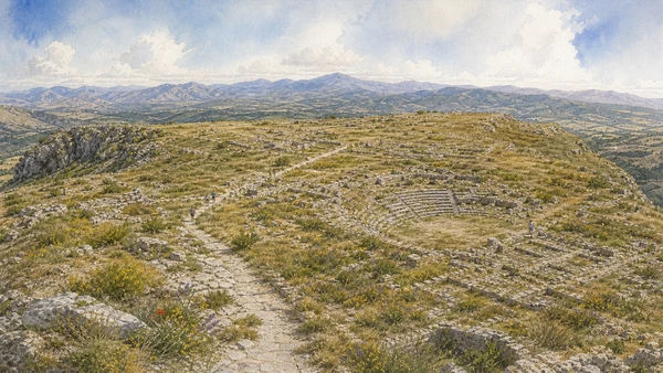 Documentary watercolour of Monte Iato's high archaeological plateau with the low Hellenistic theatre, paths and the inland Belìce mountains