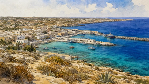 Ustica and the Pelagie: Four Islands, Two Mediterranean Horizons 12 Documentary watercolour of low Lampedusa town and harbour basins with fishing boats, a small ferry and turquoise water