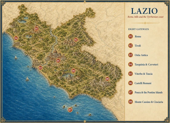 Illustrated map of Lazio with eight numbered Merlintravel gateways
