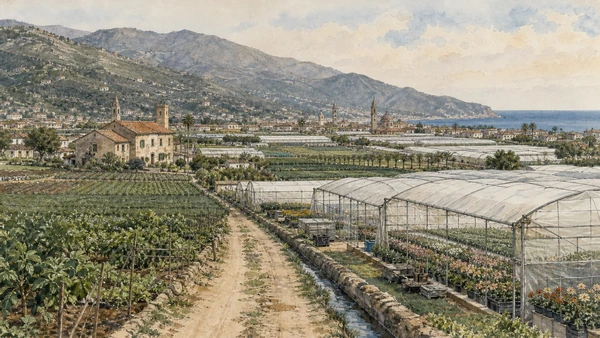 Albenga and its Roman Plain: Complete Guide 9 Original documentary watercolour of Albenga plain: horticulture as contemporary heritage in Albenga and its plain · Liguria, showing accurate architecture, landscape, people and present-day use