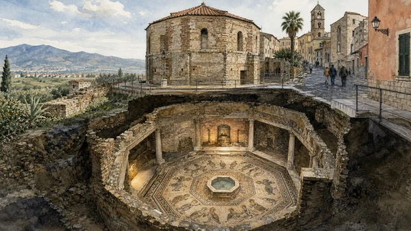 Albenga and its Roman Plain: Complete Guide 2 Original documentary watercolour of Early Christian Baptistery: mosaic below modern street level in Albenga and its plain · Liguria, showing accurate architecture, landscape, people and present-day use
