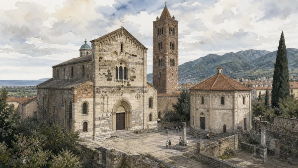 Albenga and its Roman Plain: Complete Guide 3 Original documentary watercolour of San Michele Cathedral: medieval fabric beside the baptistery in Albenga and its plain · Liguria, showing accurate architecture, landscape, people and present-day use