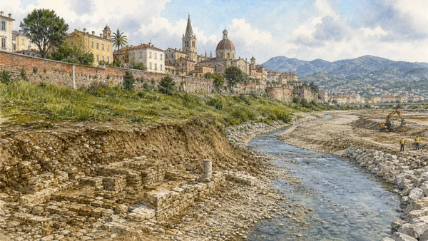 Albenga and its Roman Plain: Complete Guide 8 Original documentary watercolour of Centa river: city edge, floodplain and archaeological exposure in Albenga and its plain · Liguria, showing accurate architecture, landscape, people and present-day use